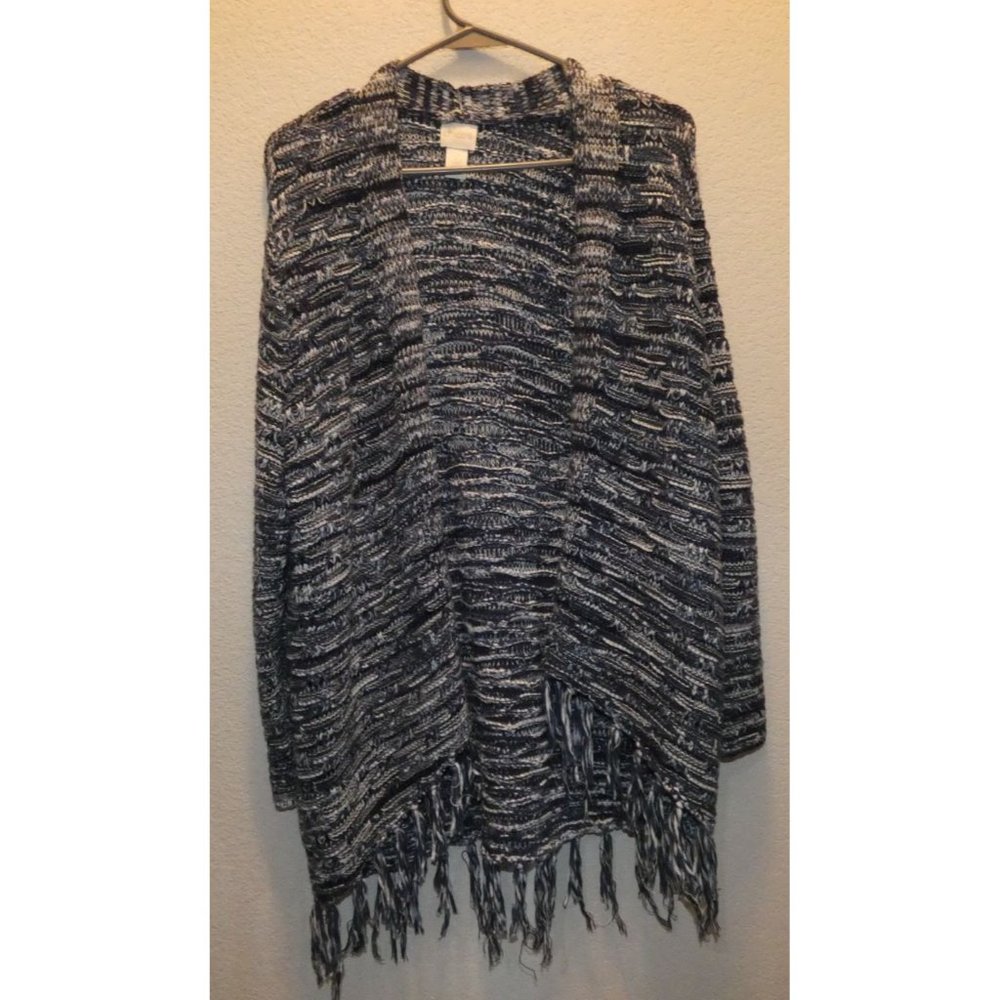 Long Cotton Sweater, Blue and white with Fringe Women's Size Large, Chico's Bran
